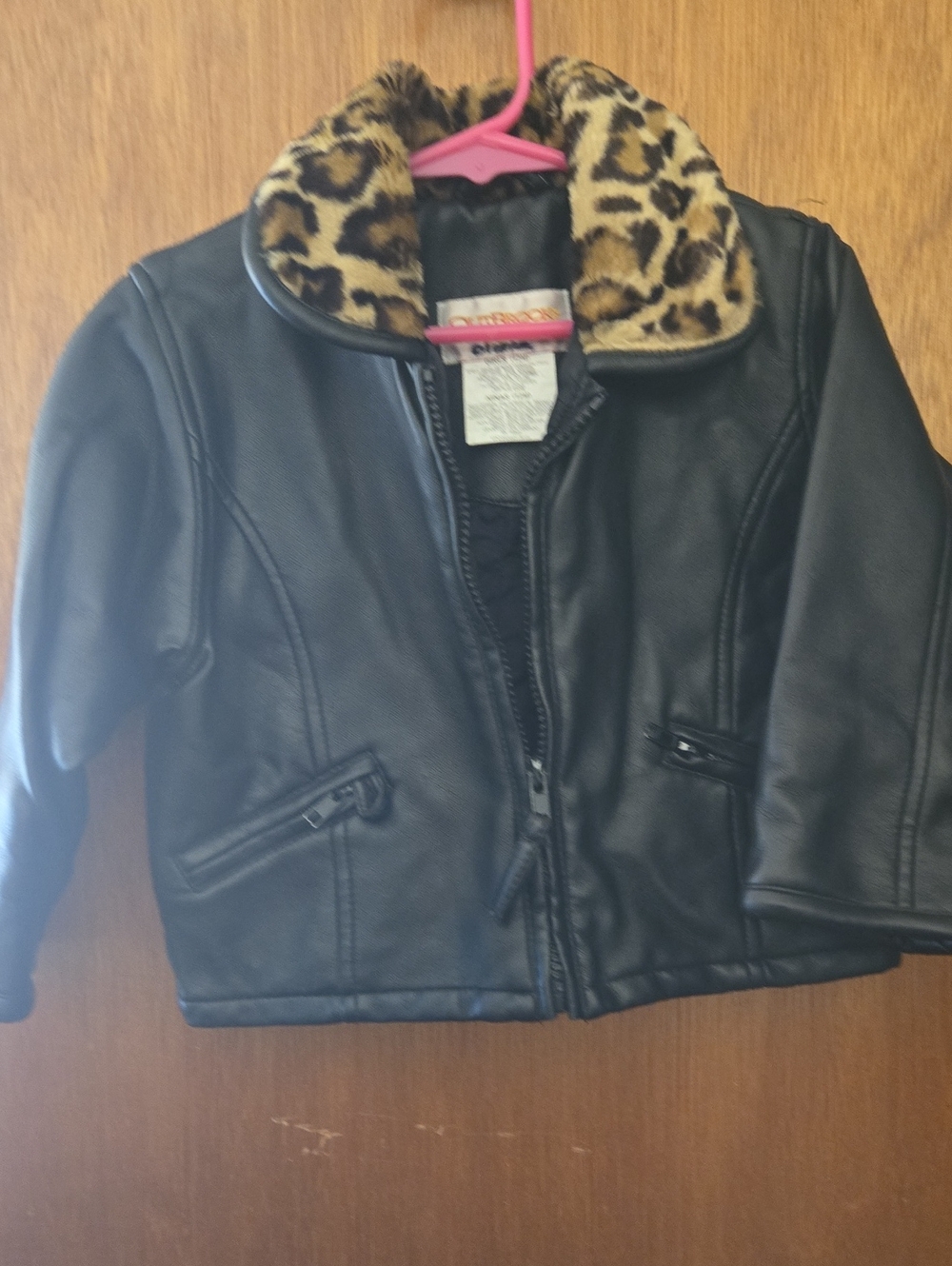 Kids Black Faux Leather Jacket with Leopard Trim Collar